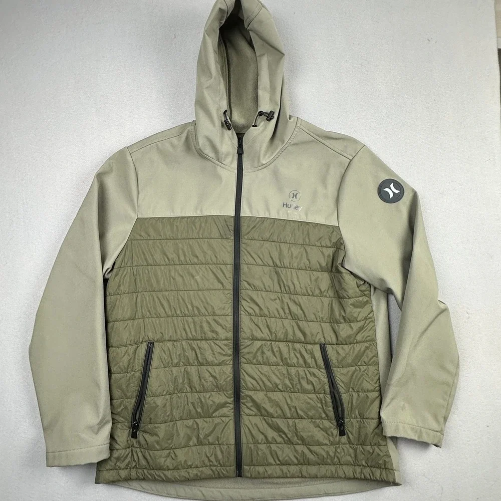 Hurley Softshell Fleece Lined Hooded Jacket Mens XL Olive Green Full Zip